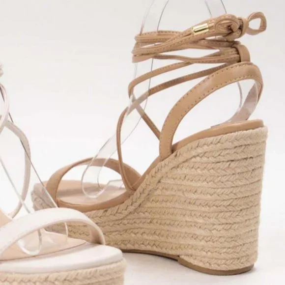 NEW Lace-Up Ankle Wrap Faux Leather Straps Espadrille Wedge Sandals Natural Nude - Picture 7 of 10